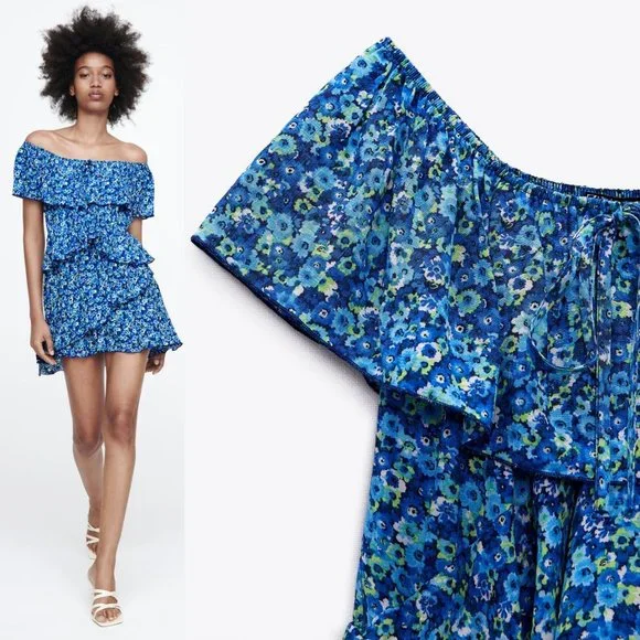 NEW Zara Blue Floral Off the Shoulder Cute Tiered Ruffle Dress Romper Jumpsuit M - Picture 8 of 9